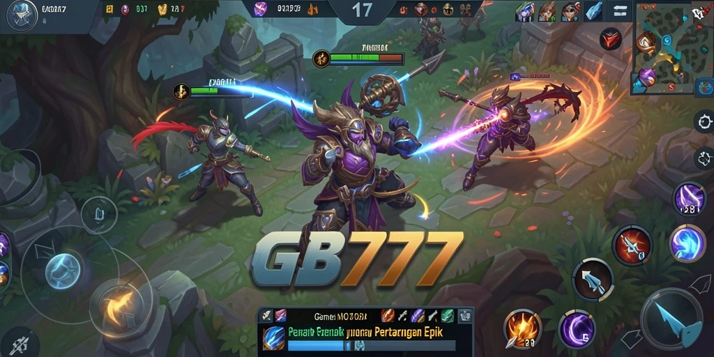Screenshot GB777 menampilkan aksi seru petarungan MOBA yang intens.