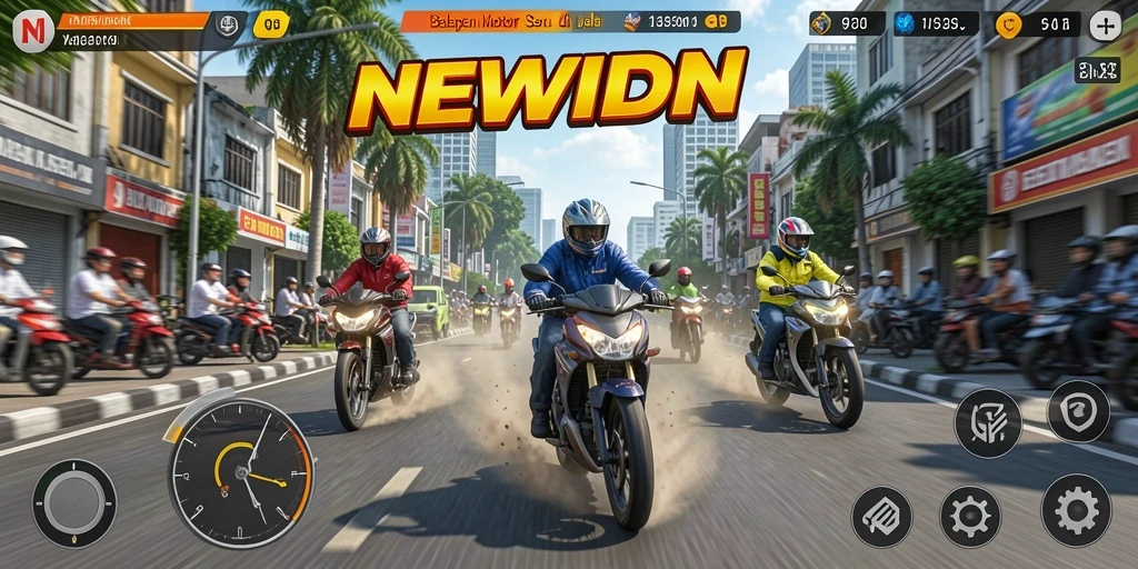 Screenshot gameplay <strong>NEWIDN</strong> menampilkan aksi balapan motor yang intens.