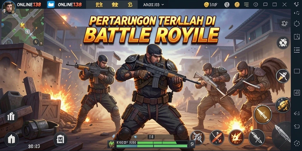 Screenshot permainan ONLINE138 menampilkan pertempuran intens di medan luas Battle Royale.
